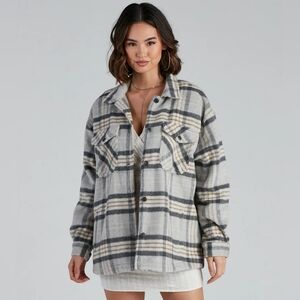 Fuzzy Wool Plaid Women's L Button Down Shacket With Pockets